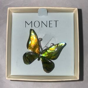 MONET Butterfly Silvertone Blue Green Enamel  Brooch Pin $15 NIB